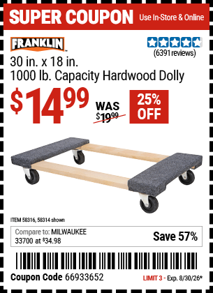 Harbor Freight Coupons, HF Coupons, 20% off - FRANKLIN 30 in. x 19 in. 1000 lb. Capacity Hardwood Dolly for $13.99
