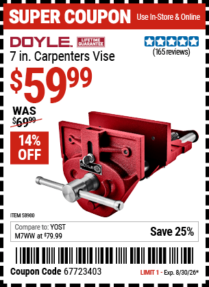 Harbor Freight Coupons, HF Coupons, 20% off - DOYLE 7 in. Carpenters Vise for $59.99