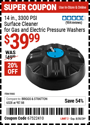 Harbor Freight Coupons, HF Coupons, 20% off - 14 in., 3300 PSI Surface Cleaner for Gas and Electric Pressure Washers for $39.99