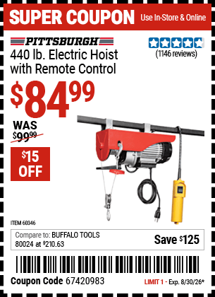Harbor Freight Coupons, HF Coupons, 20% off - 440 Lb. Capacity Electric Hoist With Remote Control