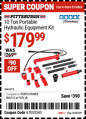 Harbor Freight Coupons, HF Coupons, 20% off - PITTSBURGH 10 Ton Portable Hydraulic Equipment Kit 