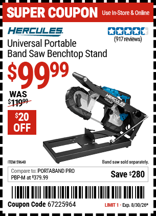 Harbor Freight Coupons, HF Coupons, 20% off - HERCULES Universal Portable Band Saw Benchtop Stand 