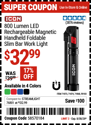 Harbor Freight Coupons, HF Coupons, 20% off - ICON 800 Lumen Rechargeable Slim Bar LED Light for $24.99
