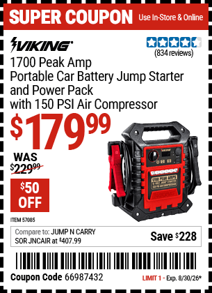 Harbor Freight Coupons, HF Coupons, 20% off - 1700 Peak Amp Portable Jump Starter and Power Pack with 250 PSI Air Compressor