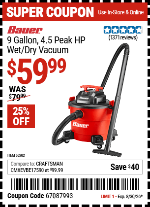 Harbor Freight Coupons, HF Coupons, 20% off - 9 Gallon Wet/dry Vacuum