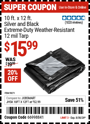 Harbor Freight Coupons, HF Coupons, 20% off - 10 ft. x 12 ft. Silver and Black Extreme Duty Weather Resistant Tarp for $16.99