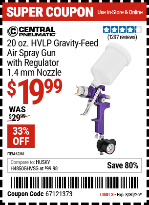 Harbor Freight Coupons, HF Coupons, 20% off - 20 Oz. Hvlp Gravity Feed Air Spray Gun With Regulator