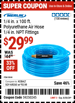 Harbor Freight Coupons, HF Coupons, 20% off - MERLIN 1/4 in. x 100 ft. Polyurethane Air Hose 