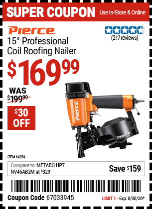 Harbor Freight Coupons, HF Coupons, 20% off - 15� Coil Roofing Nailer