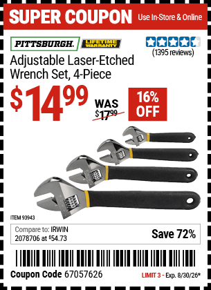 Harbor Freight Coupons, HF Coupons, 20% off - 4 Piece Laser Etched Adjustable Wrench Set