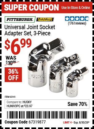 Harbor Freight Coupons, HF Coupons, 20% off - 3 Piece Universal Joint Socket Adapter Set