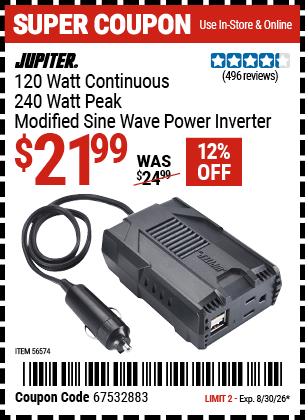 Harbor Freight Coupons, HF Coupons, 20% off - 120 Watt Continuous/240 Watt Peak Modified Sine Wave Power Inverter