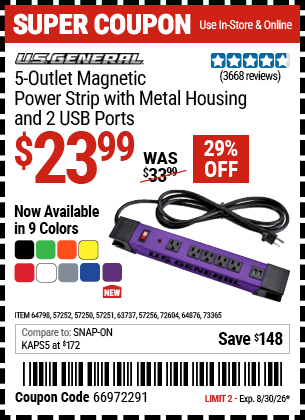 Harbor Freight Coupons, HF Coupons, 20% off - 5 Outlet Heavy Duty Magnetic Power Strip With Metal Housing And 2 Usb Ports