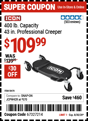 Harbor Freight Coupons, HF Coupons, 20% off - ICON 43 in. Professional Creeper for $109.99