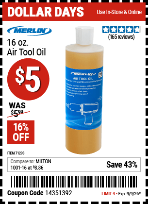 Harbor Freight Coupons, HF Coupons, 20% off - MERLIN 16 oz. Air Tool Oil for $3.99
