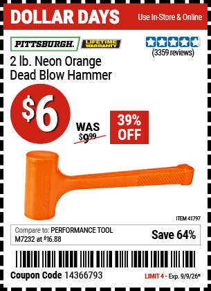 Harbor Freight Coupons, HF Coupons, 20% off - 2 lb. Neon Orange Dead Blow Hammer