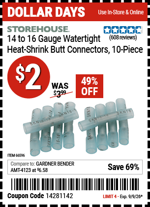 Harbor Freight Coupons, HF Coupons, 20% off - STOREHOUSE 14-16 Gauge Watertight Heat-Shrink Butt Connectors, 10-Piece for $2