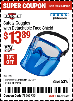 Harbor Freight Coupons, HF Coupons, 20% off - RANGER Detachable Goggle Face Shield for $11.99