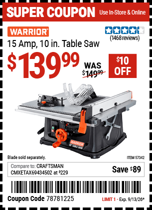 Harbor Freight Coupons, HF Coupons, 20% off - WARRIOR 10 in. 15 Amp Table Saw 