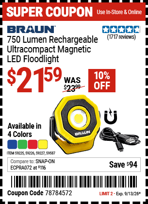 Harbor Freight Coupons, HF Coupons, 20% off - BRAUN 750 Lumen Rechargeable Ultracompact Magnetic LED Floodlight for $23.99