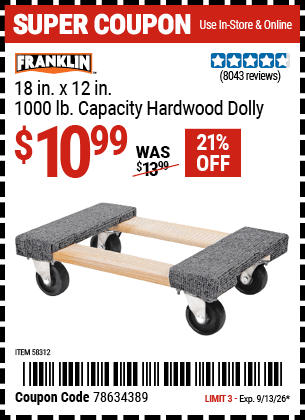 Harbor Freight Coupons, HF Coupons, 20% off - FRANKLIN 18 in. x 12 in. 1000 lb. Capacity Hardwood Dolly 
