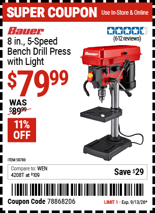Harbor Freight Coupons, HF Coupons, 20% off - BAUER 8 in., 5-Speed Bench Drill Press with Light for $79.99