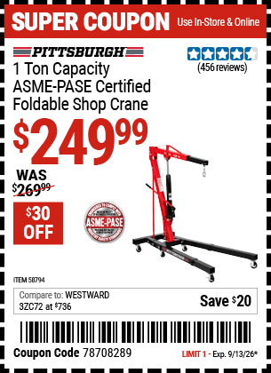 Harbor Freight Coupons, HF Coupons, 20% off - PITTSBURGH 1 Ton Capacity Foldable Shop Crane for $239.99
