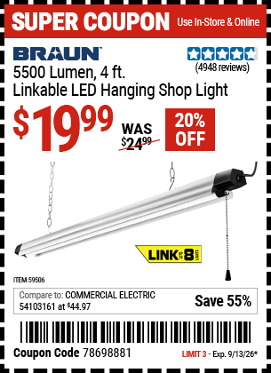 Harbor Freight Coupons, HF Coupons, 20% off - BRAUN 5500 Lumen 4 ft. Linkable LED Hanging Shop Light 