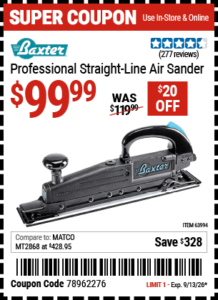 Harbor Freight Coupons, HF Coupons, 20% off - Baxter Straight Line Air Sander