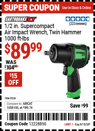 Harbor Freight Coupons, HF Coupons, 20% off - EARTHQUAKE XT 1/2 in. Super Compact Air Impact Wrench for $84.99