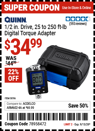 Harbor Freight Coupons, HF Coupons, 20% off - QUINN 1/2 in. Drive Digital Torque Adapter for $39.99