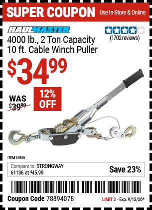 Harbor Freight Coupons, HF Coupons, 20% off - 8000 Lb. Capacity Cable Winch Puller