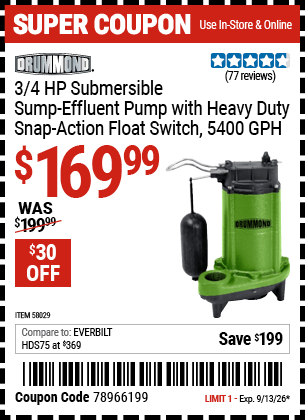 Harbor Freight Coupons, HF Coupons, 20% off - DRUMMOND 3/4 HP Submersible Sump-Effluent Pump with Heavy Duty Snap Action Float Switch 5400 GPH 