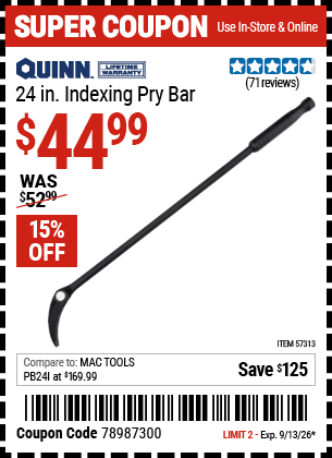 Harbor Freight Coupons, HF Coupons, 20% off - 24 in. Indexing Pry Bar
