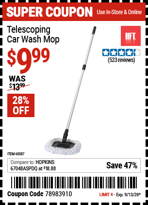 Harbor Freight Coupons, HF Coupons, 20% off - Telescoping Car Wash Mop