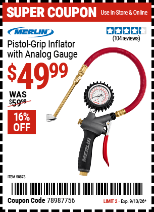 Harbor Freight Coupons, HF Coupons, 20% off - MERLIN Analog Pistol Grip Inflator with Gauge for $39.99