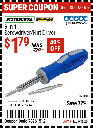 Harbor Freight Coupons, HF Coupons, 20% off - 4-in-1 Screwdriver