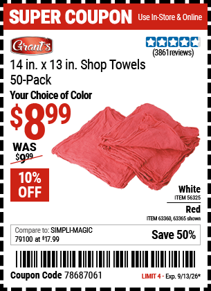 Harbor Freight Coupons, HF Coupons, 20% off - 14 in. x 13 in. White Shop Towels, 50 Pk.