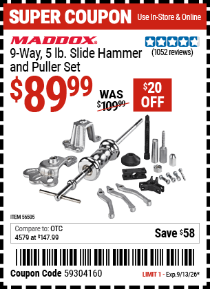 Harbor Freight Coupons, HF Coupons, 20% off - Maddox 9 Way, 5 Lb. Slide Hammer Puller Set