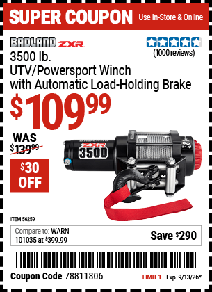 Harbor Freight Coupons, HF Coupons, 20% off - BADLAND 3500 Lb. ATV/Powersport 12V Winch With Automatic Load-Holding Brake for $119.99