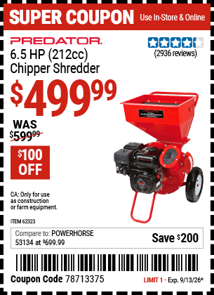 Harbor Freight Coupons, HF Coupons, 20% off - Chipper/shredder With 6.5 Hp Gas Engine (212 Cc)