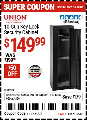 Harbor Freight Coupons, HF Coupons, 20% off - UNION SAFE COMPANY 10 Gun Key Lock Security Cabinet for $169.99