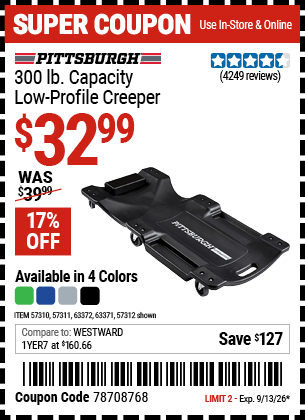 Harbor Freight Coupons, HF Coupons, 20% off - PITTSBURGH AUTOMOTIVE 300 lb. Capacity Low-Profile Creeper 