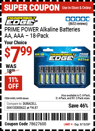 Harbor Freight Coupons, HF Coupons, 20% off - THUNDERBOLT EDGE Alkaline Batteries for $4.99