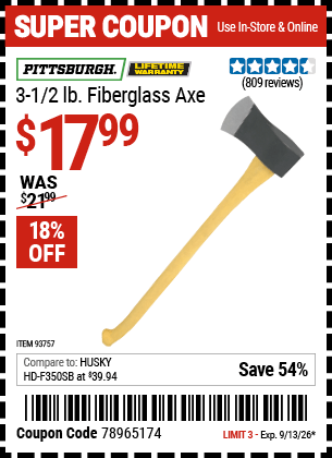 Harbor Freight Coupons, HF Coupons, 20% off - 3-1/2 Lb. Fiberglass Axe
