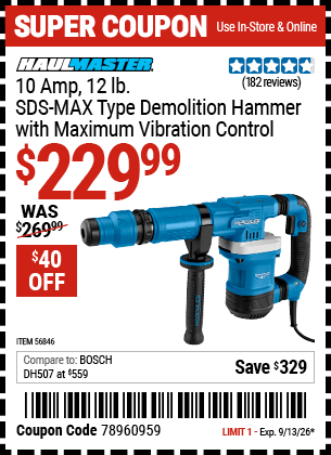 Harbor Freight Coupons, HF Coupons, 20% off - 10 Amp 12 lb.  SDS Max-Type Demolition Hammer with Maximum Vibration Control