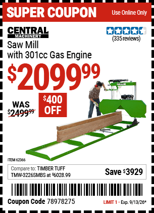 Harbor Freight Coupons, HF Coupons, 20% off - Gas-powered Saw Mill