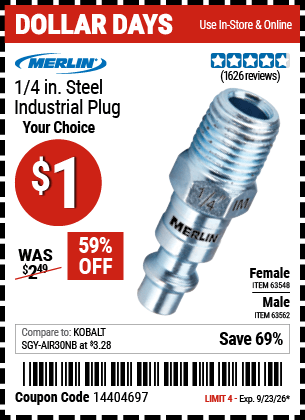 Harbor Freight Coupons, HF Coupons, 20% off - MERLIN 1/4 in. Steel Industrial Plug for $1