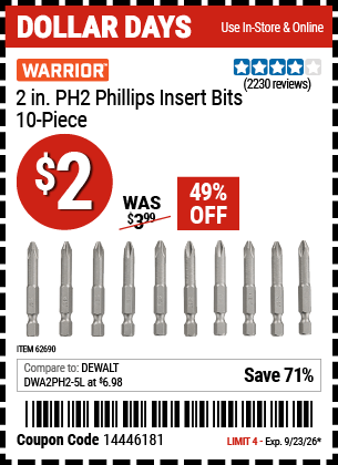 Harbor Freight Coupons, HF Coupons, 20% off - 10 Piece, 2' Ph2 Phillips Insert Bits