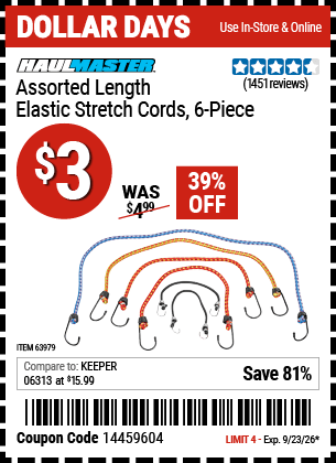 Harbor Freight Coupons, HF Coupons, 20% off - 6 Piece Elastic Stretch Cords